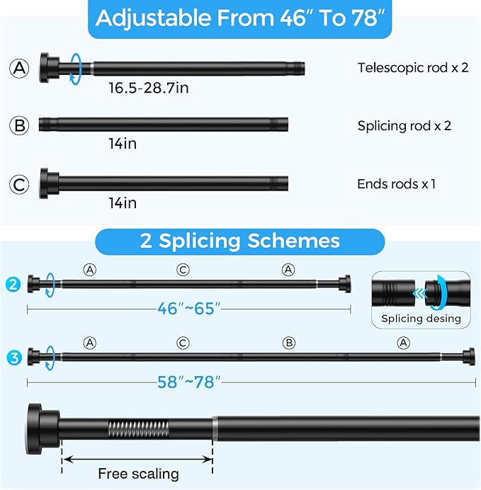 Shower Curtain Rod 31-76 Inch,0.87"Diameter Adjustable Spring Tension Curtain Rods No Drill,Matte Black Shower Tension Rod for Bathroom,Room Divider,Window,Anti-Rust Non-Slip 2-Pack