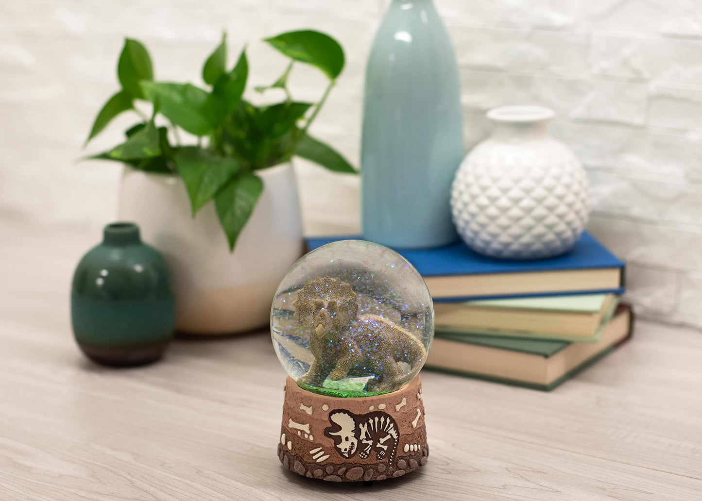 Elanze Designs Triceratops Fossils Brown Paleontologist Bone Dig Skeleton Science STEM Footprints Museum Animal 100MM Musical Glitter Dinosaur Snow Globe Plays Tune Born Free