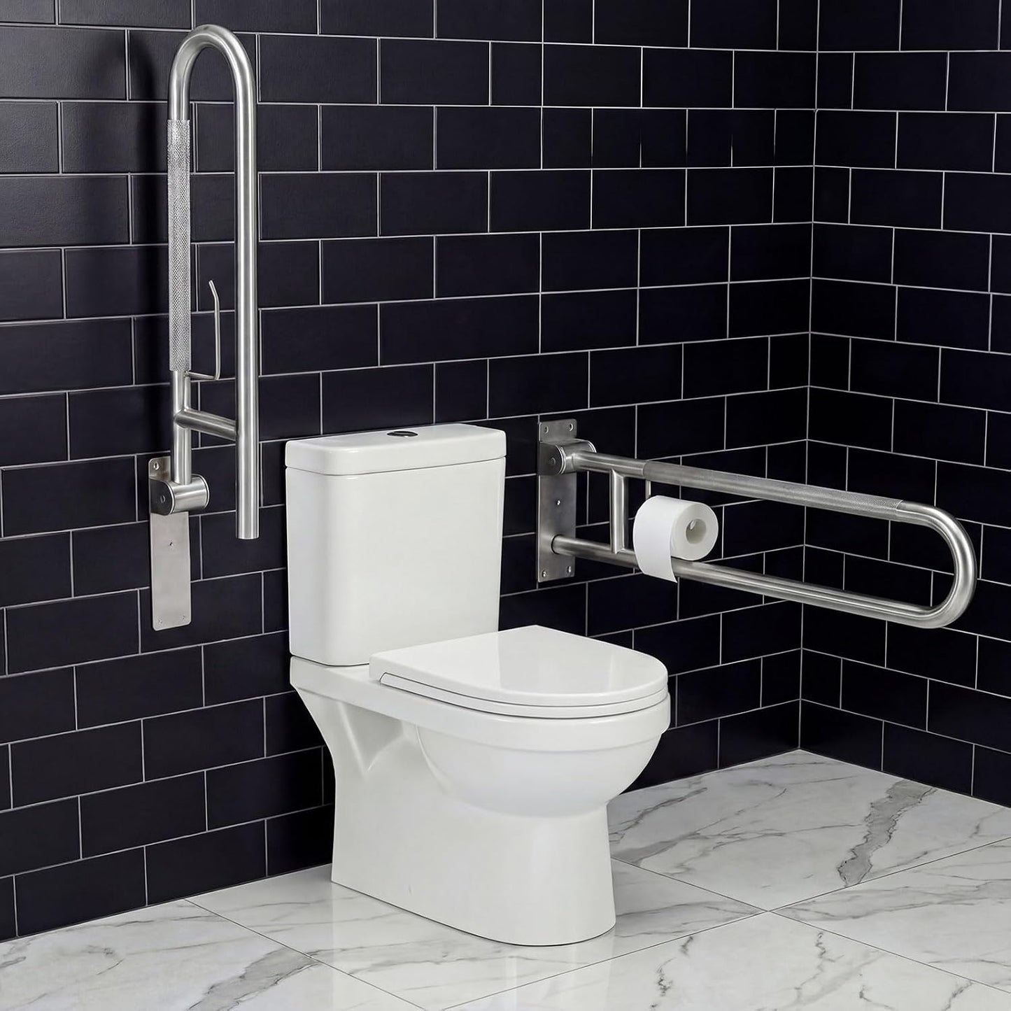 Zonon 2 Pack 30.3 Inch Handicap Grab Bars, Flip up Stainless Steel Toilet Safety Rails, Anti Slip with Paper Holder, Extra Long Bathroom Support Rail for Elderly Disabled Pregnant (Classic)