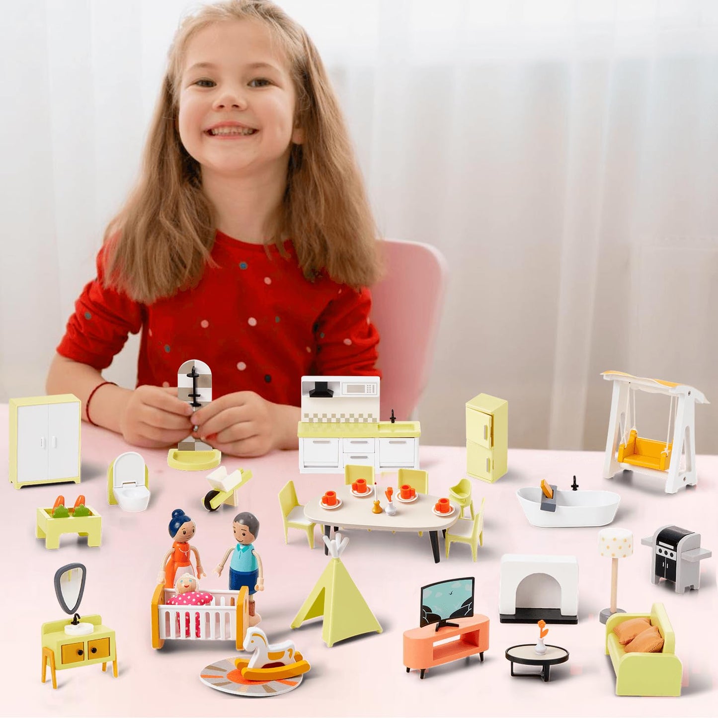 Giant bean 85pcs Wooden Plastic Dollhouse Furniture Set for 6 Rooms, Modern Dollhouse Accessories Pretend Play Furniture Toys for Boys Girls Toddlers & Kids 3 4 5 6 7 Years and up