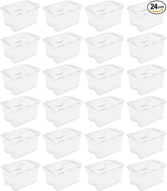 Sterilite 48 Qt Hinged Lid Storage Box, Stackable Bin with Lid, Plastic Container to Organize Home, Office, Basement, Clear with White Lid, 24-Pack