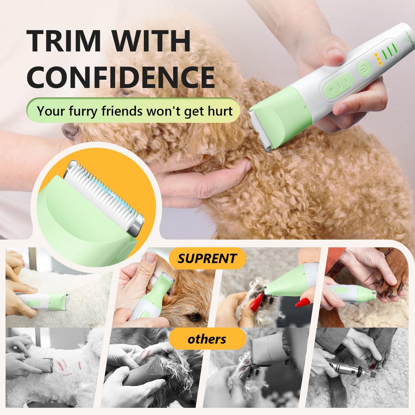 SUPRENT Dog Grooming Kit, 4 in 1 Dog Clippers for Grooming Supplies, Cordless Electric Pet Nail Grinder Cat Paw Trimmer Professional Long Hair Shaver Set for Cat Matted Hair and Small Dogs Thick Coats