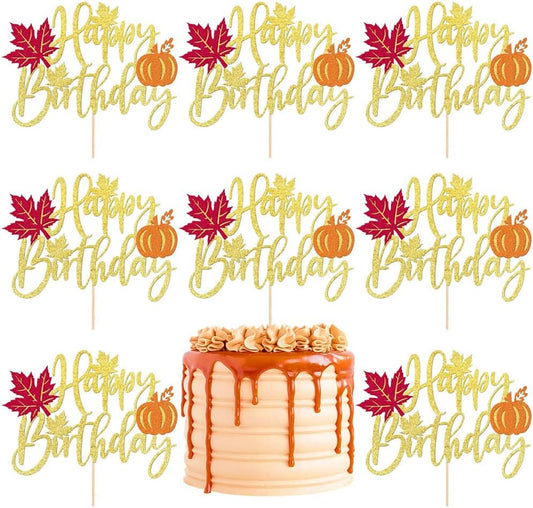 8 Packs Fall Thanksgiving Cake Toppers Set Gold Glitter Maple Leaf Pumpkin Cupcake Topper Happy Birthday Letter Cake Topper Pick for Thanksgiving Day Autumn Theme Party Cake Decoration Supplies