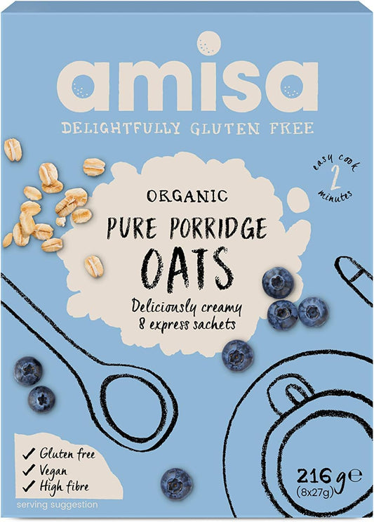 Amisa Organic Gluten Free Pure Porridge Oats Express Sachets 8 x 27g - Pack of 2