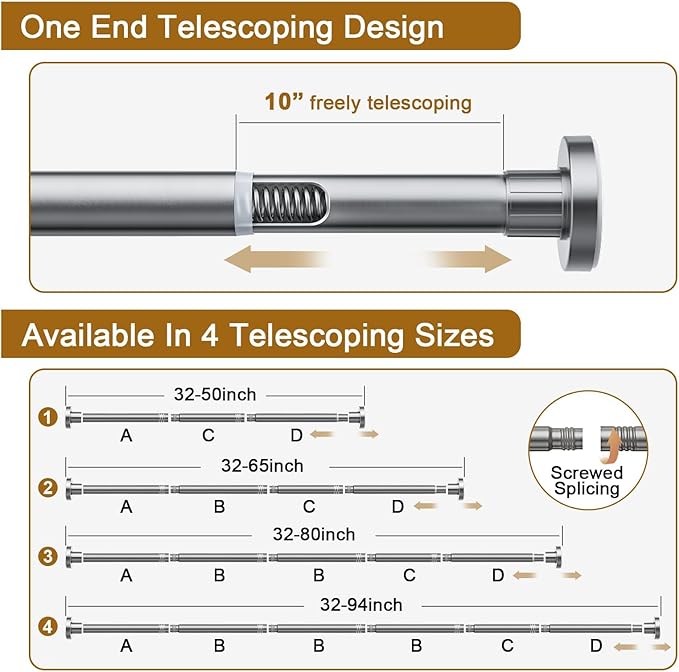 Ausemku Shower Curtain Rod 32-94 Inch Adjustable - 1 Inch Diameter Heavy Duty No drill Spring Tension Shower Rod, Non-Slip Rustproof Telescopic Rod for Bathroom, Nickel
