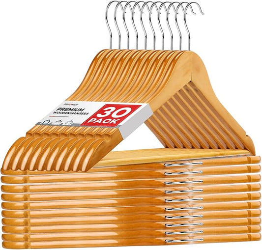 Wooden Hangers 30 Pack, Heavy Duty Wood Hangers for Coats, Suits, Jackets, Closet & Pants Durable Premium Wood Hangers with 360-Degree Rotatable Hook and Notches, Natural