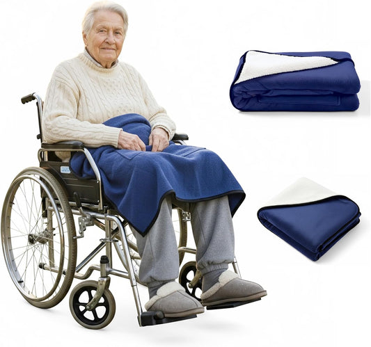 Wheelchair Lap Blanket for Seniors, 43" * 28" Soft Sherpa Lined Knee & Lap Cover, Warm Lightweight Throw with Snap Buttons, Cozy Comfort for Elderly & Caregivers, Navy Blue