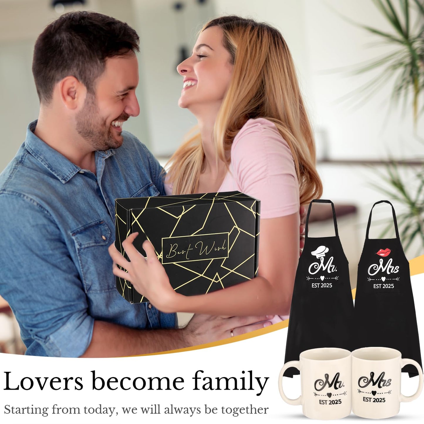 DDOFAH Mr and Mrs Est 2025 Mug and Apron Set, Bridal Shower Gifts, Wedding Engagement Gifts for Couples, for Couple, His and Her Gifts, Funny Kitchen Gifts for Couples
