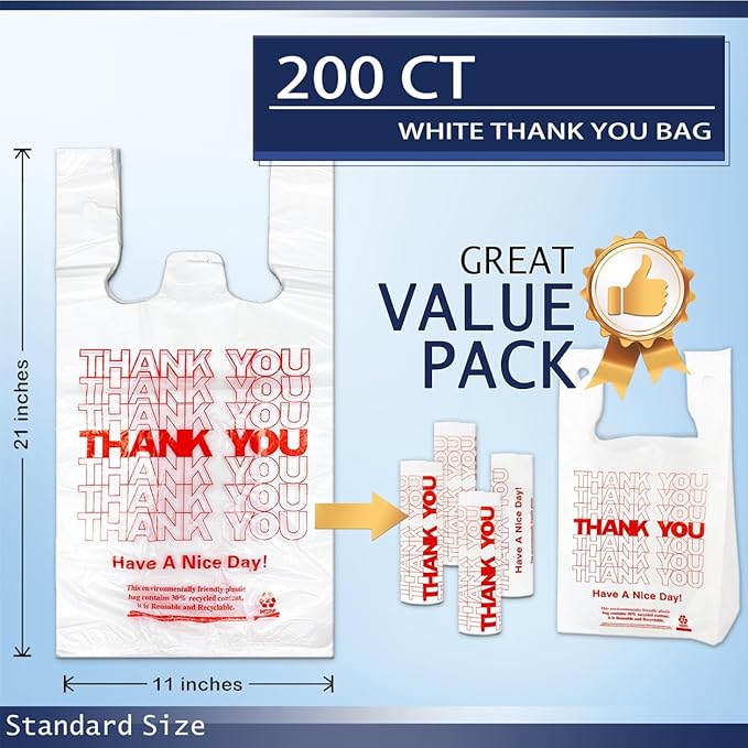 YoYoRain White Thank you T shirt bag, Grocery shopping bag Reusable and Disposable Supermarket Bag 11''x6''x21'' 200PCS
