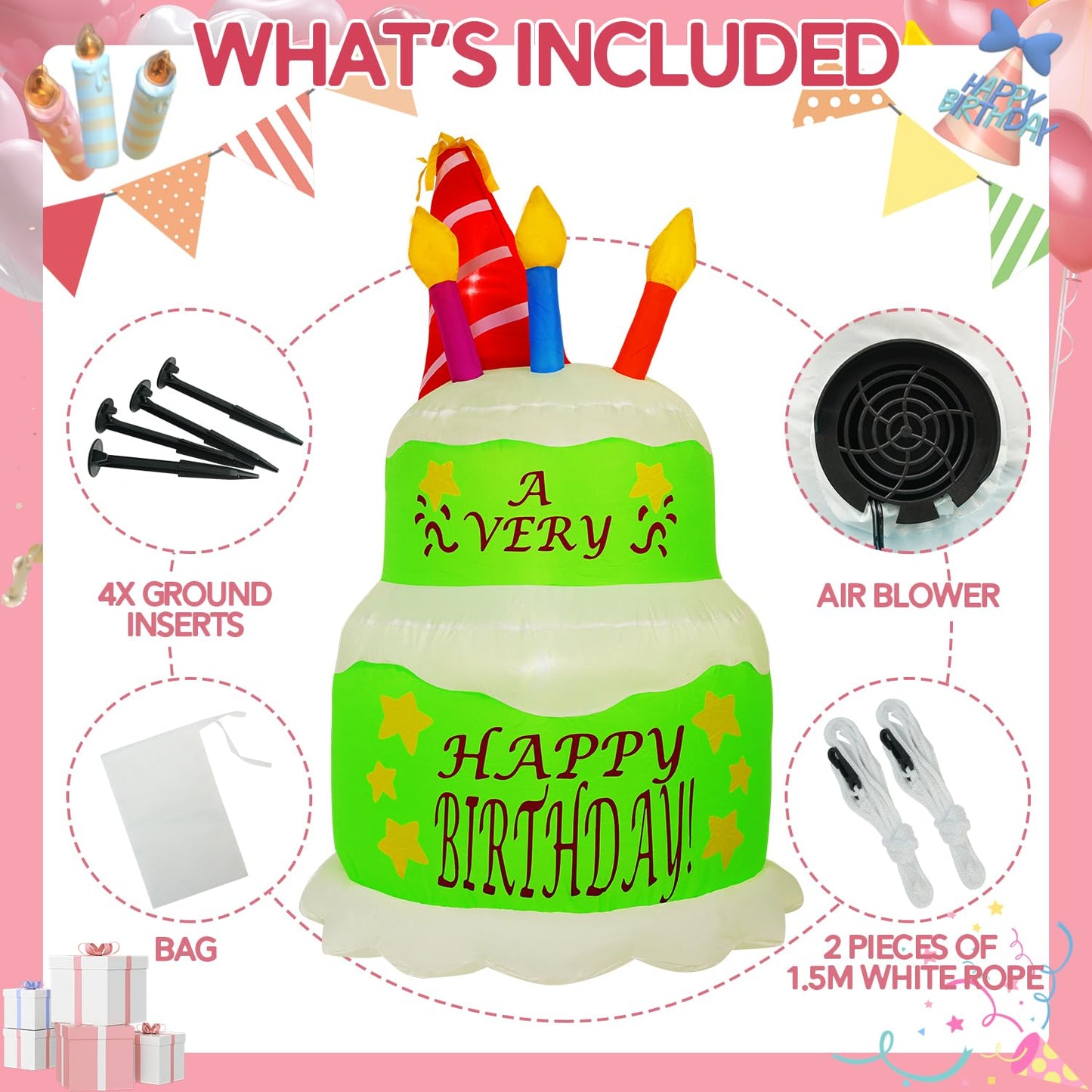 HZGDEJTG 4FT Birthday Cake Birthday Party Outdoor Inflatable Decoration, Outdoor Inflatable Decoration with LED Lights, Birthday Inflatable Decoration for Garden, Patio, Lawn