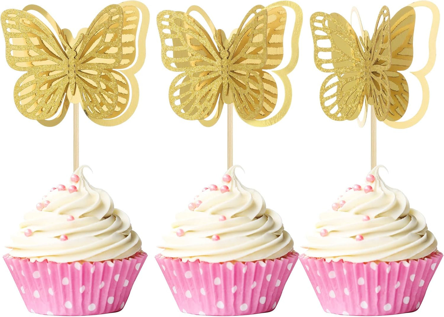 Gyufise 24 Pack 3D Butterfly Cupcake Toppers Assembled Double Layers Gold Glitter Butterfly Cupcake Picks Decorations for Baby Shower Kids Birthday Party Supplies