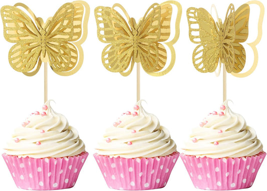 Gyufise 24 Pack 3D Butterfly Cupcake Toppers Assembled Double Layers Gold Glitter Butterfly Cupcake Picks Decorations for Baby Shower Kids Birthday Party Supplies