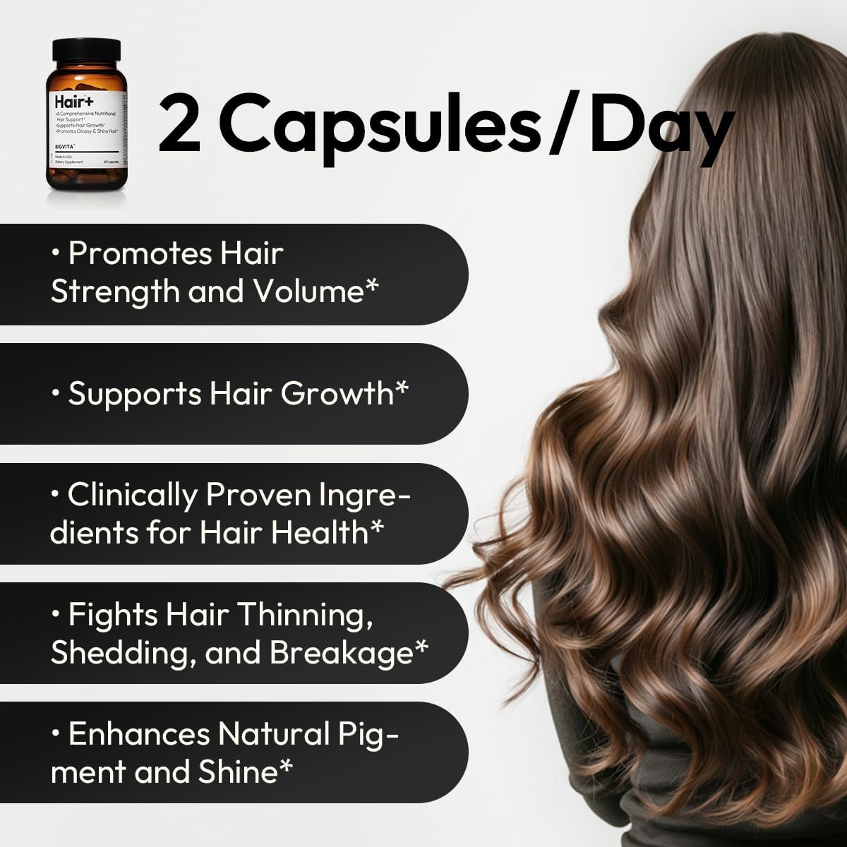 BIGVITA Hair Growth Supplement – Fast Hair Regrowth for Thicker, Fuller Hair | AnaGain™ Nu, Biotin, Black Sesame Extract | Hair Loss Support for Women & Men | Vegan, Gluten-Free – 1 Month Supply