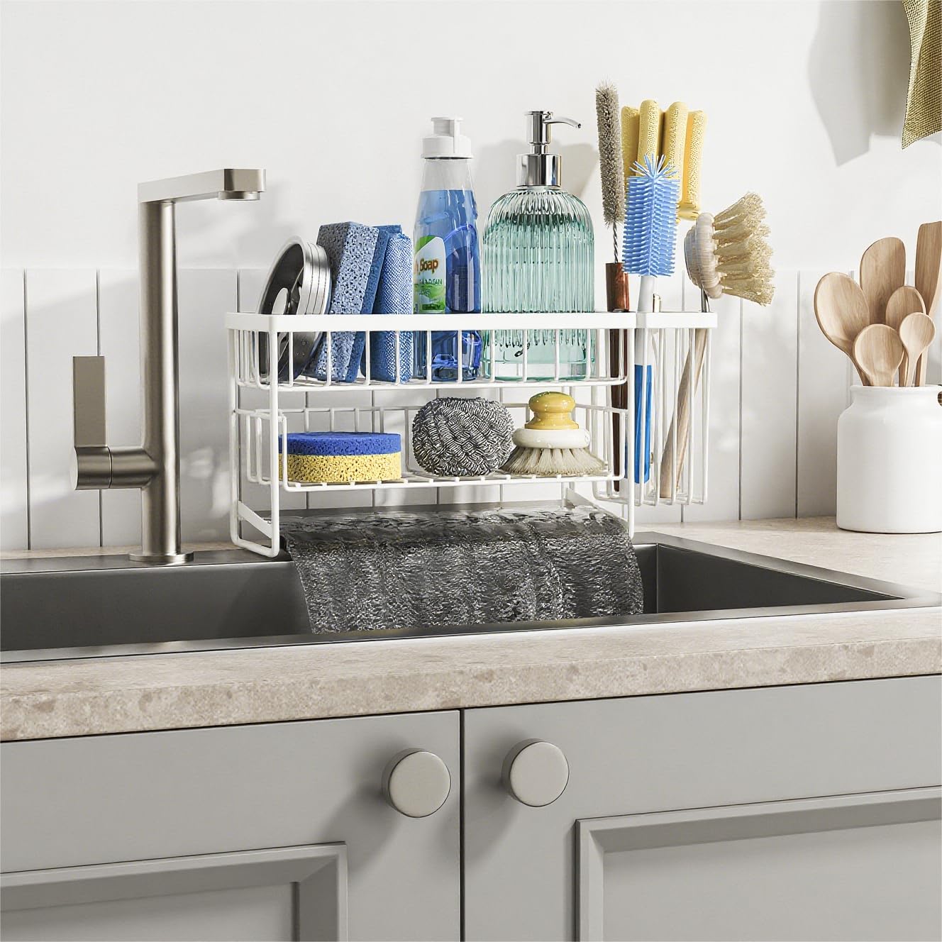 Cisily White 2-Tier Kitchen Sink Caddy Organzier Rack with Flexible Dish Brush Holder, Sponge Holder for Kitchen Sink Countertop Organization Storage,Home Decor Accessories