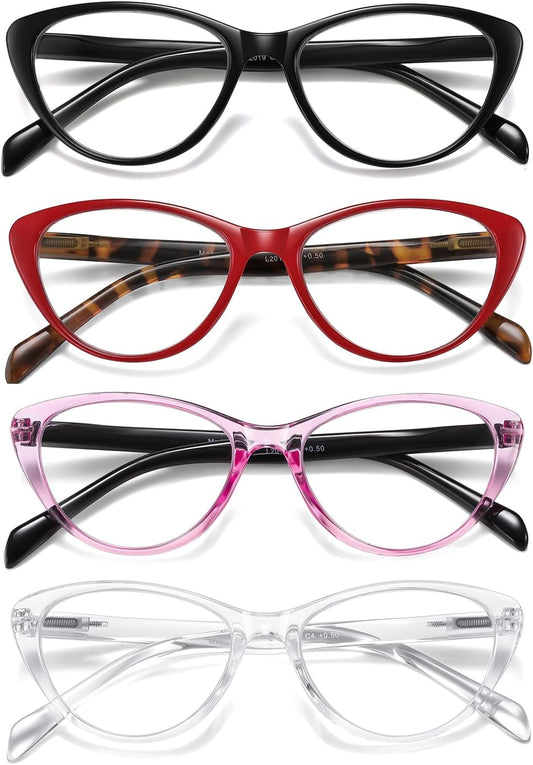 4 Pack Fashion Cat Eye Reading Glasses for Women, Computer Blue Light Blocking Readers Anti Glare Eyeglasses +0.75