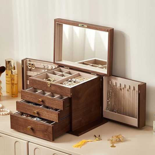 CHOSIN Black Walnut Wooden Jewelry Box, 4-Layer Lockable Wood Jewelry Organizer with Mirror, Side Doors & Brass Handle, Classical Design for Rings, Necklaces, Earrings, Watches, Valentine's Day Gifts