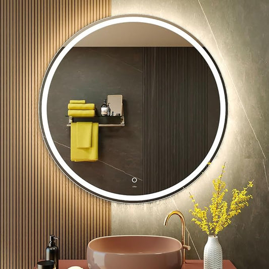 KWW 40 Inch Large Modern LED Round Bathroom Vanity Mirror, Color Temperature Adjustable, Anti-Fog Dimmable Lights, Easy to Install, Wall Mounted Makeup Mirror with Smart Touch Button