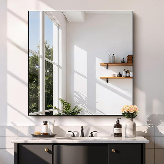 Black Bathroom Mirror for Wall, 39x39 Inch Rectangle Mirror with Metal Frame, Square Modern Vanity Mirrors for Bathroom Living Room, Entryway Hangs Horizontal or Vertical