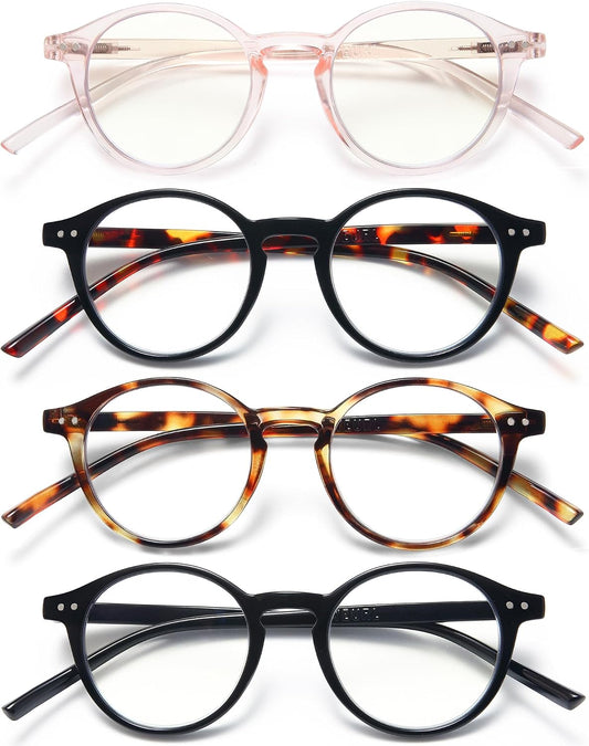 EYEURL 4-Pack Round Reading Glasses for Women Men Blue Light Glasses Retro Round Computer Readers With Spring Hinges Anti Glare Filter Lightweight Eyeglasses 1.25