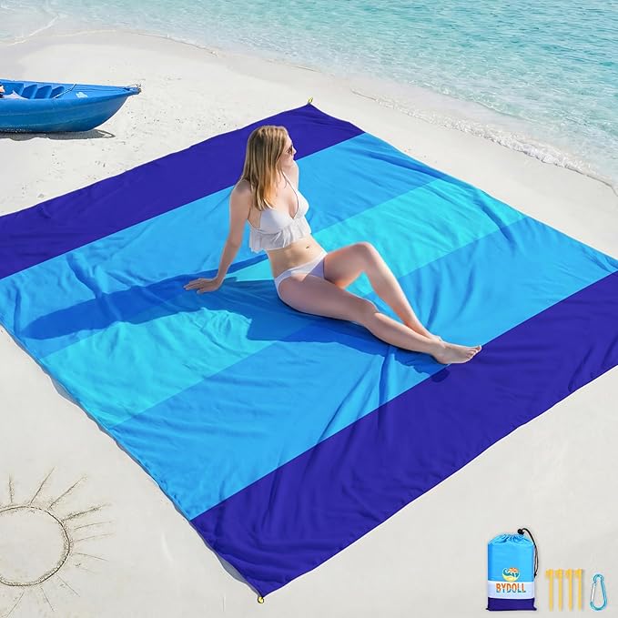 BYDOLL Beach Blanket 78''Ã81'' 4-7 Adults Oversized Lightweight Waterproof Sandproof Beach Blanket Large Picnic Mat for Travel Camping Hiking Picnic(78" X 81", Blue-Mixed)