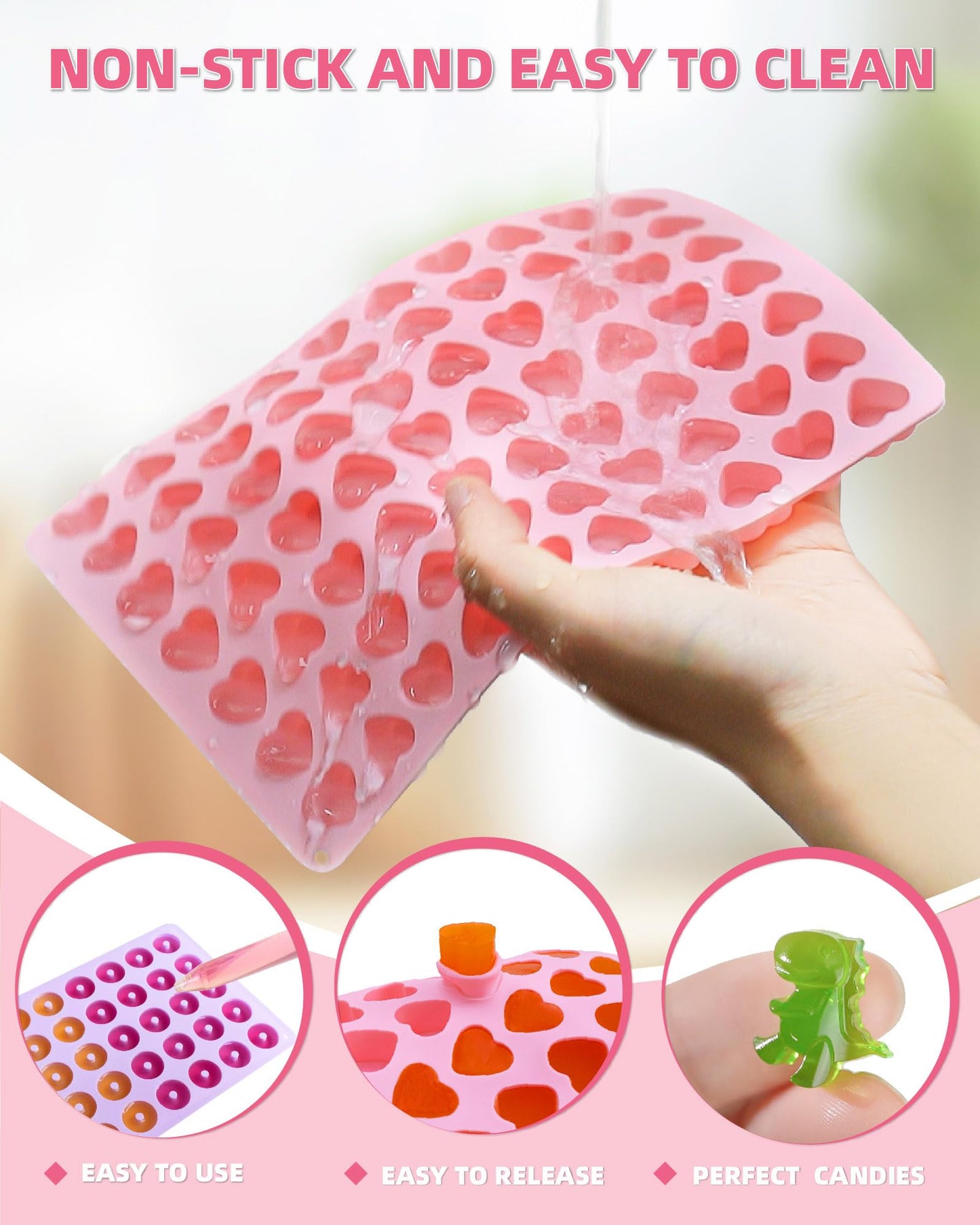 Silicone Gummy Molds Set of 5, Non-stick Candy Chocolate Molds with 2 Droppers 1 Clean Brush, Includes Dinosaur Bear Donut Fruit Heart Shape