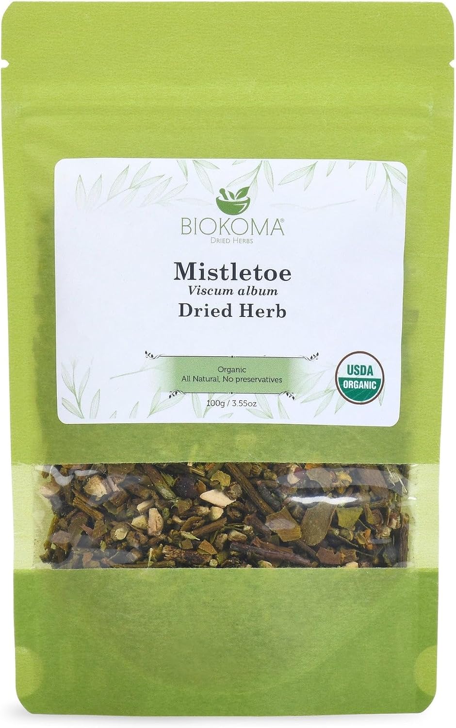 Biokoma Organic Mistletoe Dried Herb 100g 3.55oz Cut & Sifted Viscum Album Herbal Tea Cardiovascular & Nervous System Support Resealable Pouch USDA Organic No Additives No Preservatives No GMO Kosher