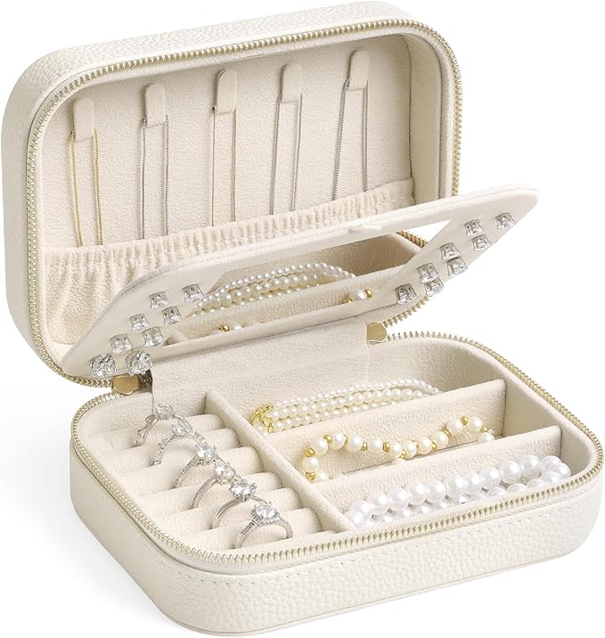 Genuine Leather Travel Jewelry Organizer Case with Mirror for Women, Small Mini Portable Jewelry Box for Ring Earrings Necklace Bracelet Luxury Gift for Womenï¼Ivory Whiteï¼