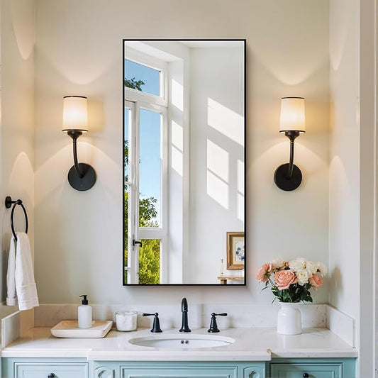Black Bathroom Mirror for Wall, 20x40 Inch Rectangle Mirror with Metal Frame, Modern Vanity Mirrors for Bathroom Living Room, Entryway Hangs Horizontal or Vertical