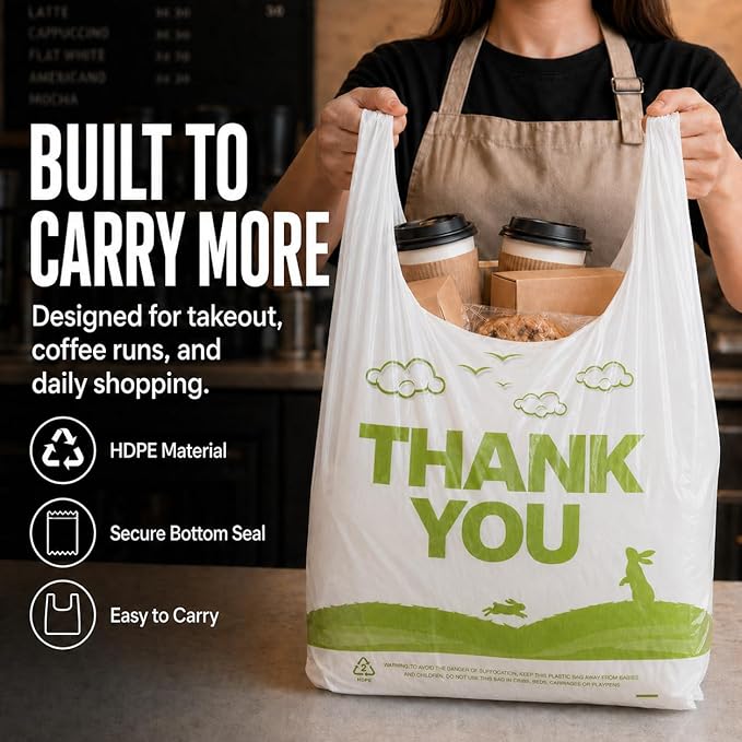 YoYoRain White Thank you T shirt bag, Grocery shopping bag Reusable and Disposable Supermarket Bag 11''x6''x21'' 300PCS