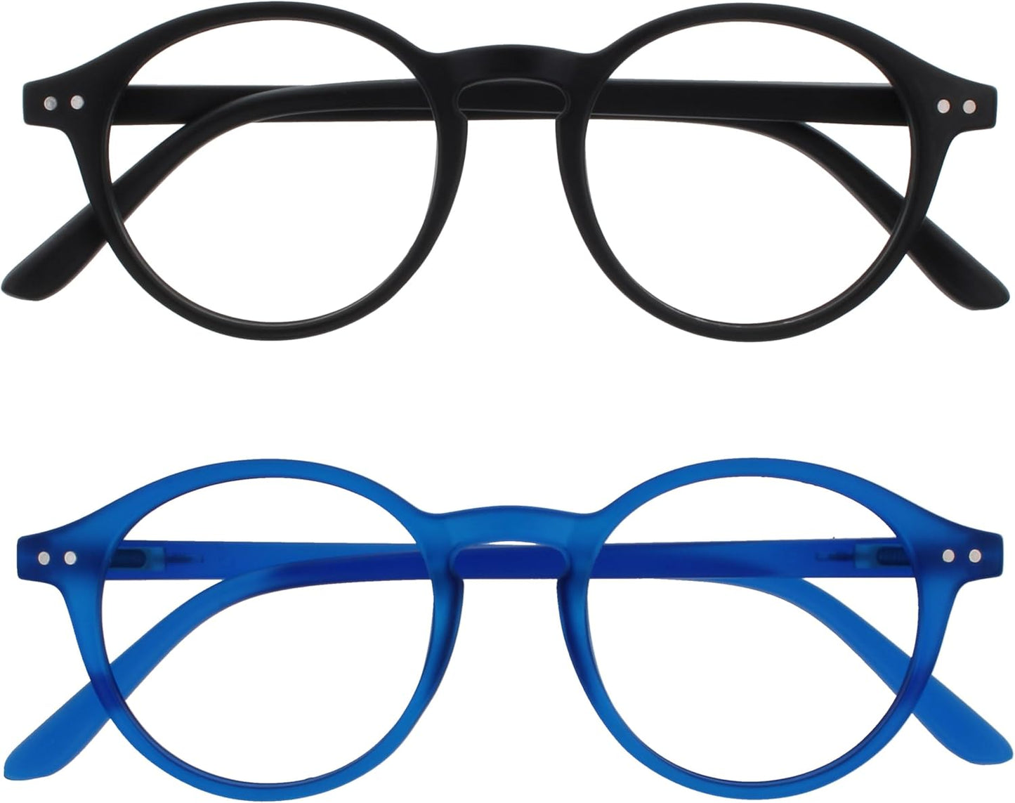 OPULIZE REY Reading Glasses for Women Men, Retro Round Frame with Spring Hinges, Matte Black, Blue +1.00 (Pack of 2)