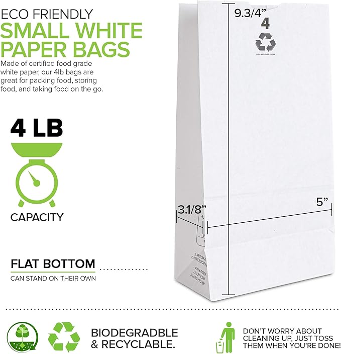 4 Lb Kraft White Paper Bags Lunch (100 Count) - Bulk Disposable Lunch Sacks, Small Size Blank Bag for Kids, Good for a Snack, Sandwich, Grocery Food, and Arts & Crafts Projects, Stock Your Home