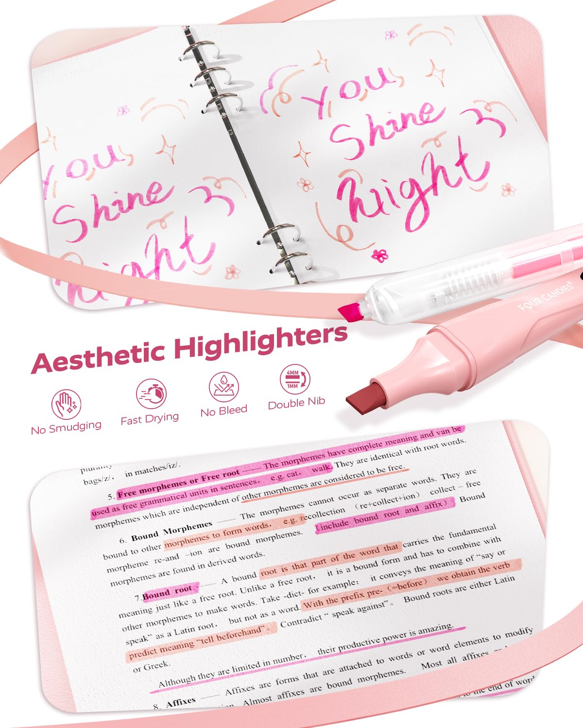 Four Candies Pink School Supplies with Case, Gel Pens with Black Ink, Correction Tapes, Pastel Highlighters, Mechanical Pencils, Sticky Notes, Index Post for Bible Study Stationary College Essentials