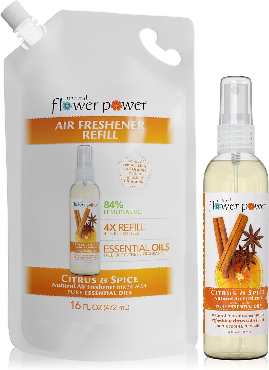 Air Freshener Spray Refills - Odor Eliminator w/Essential Oils - Home, Car & Fabric - Cruelty Free & Vegan â Citrus & Spice Spray 4 fl oz + Refill 16 fl oz Combo