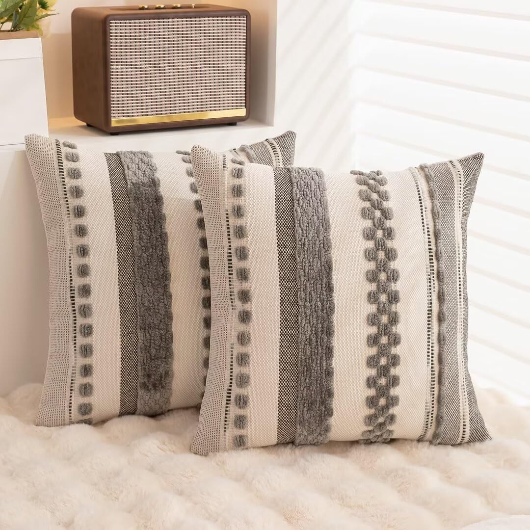 WANLIRD Boho Throw Pillow Covers 18x18 Set of 2 Farmhouse Decorative Cushion Case Striped Square Pillows Cover Chenille Pillow Cases Accent Neutral Pillowcase for Sofa Couch Bed,Gray