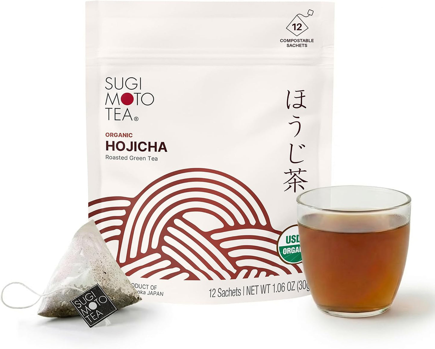 SUGIMOTO TEA Japanese Organic Hojicha Roasted Green Tea Bags 12 Count