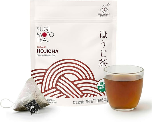 SUGIMOTO TEA Japanese Organic Hojicha Roasted Green Tea Bags 12 Count