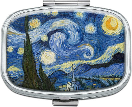 Pill Box 2 Compartment Small Pill Case,Portable for Pocket or Purse Pill Organizer Pill Container Holder to Hold Vitamins, Medication, Fish Oil and Supplements(Starry Night)