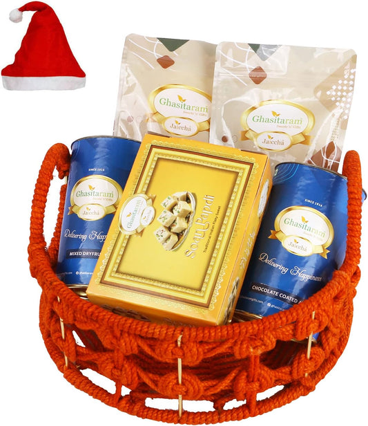 Jaiccha Ghasitaram Christmas Gifts Orange Jute Basket of assortments with Soan Papdi