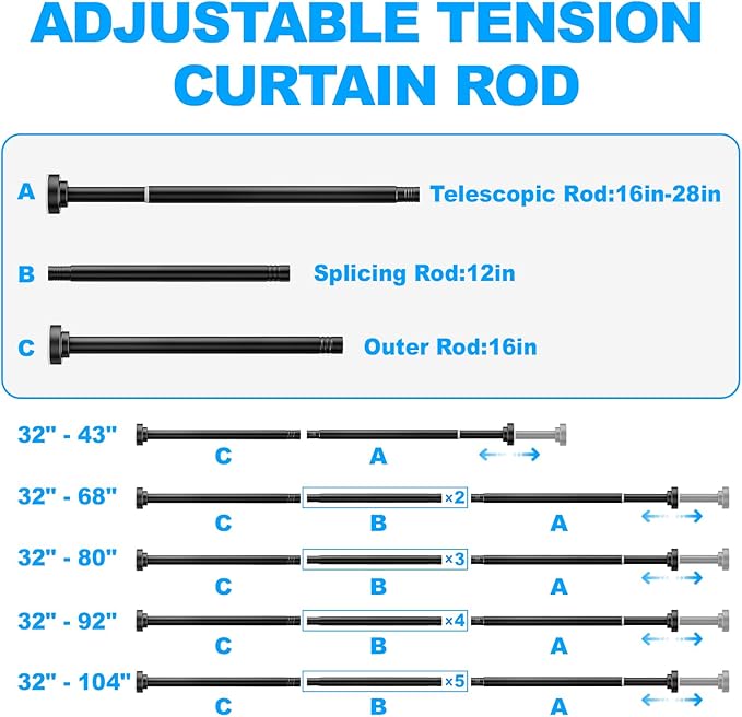 TEECK Shower Curtain Rod, 32-68 inch Adjustable Spring Tension Curtain Rod, Never Rust Anti-Slip Shower Curtain Rod for Bathroom, No Drilling, Never Collapse, Easy to Use, Black