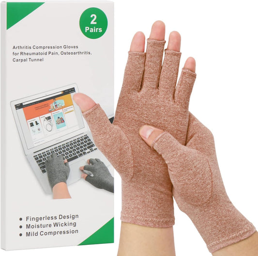 2-Pair Arthritis Compression Gloves for Alleviate Rheumatoid Osteoarthritis, Carpal Tunnel Raynauds Disease, Fingerless Design Breathable & Moisture, Women and Men (Coffee, Large)