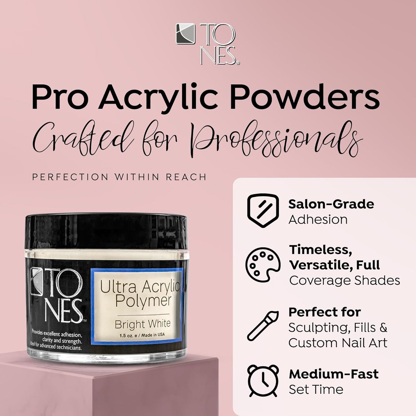 Tones Pro Acrylic Nail Powder, Sparkling Bright White (Opaque Off-White), (8.5 Fl Oz) - Long-Lasting & Non-Yellowing Polymer for Salon Quality Nail Extensions & 3D Art