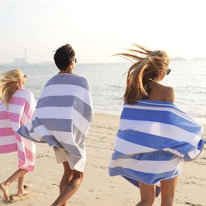 HENBAY Cotton Oversized Beach Towel - Large 70 x 35 Inch Pool Towel, Turquoise Striped Quick Dry Swimming Cabana Towel