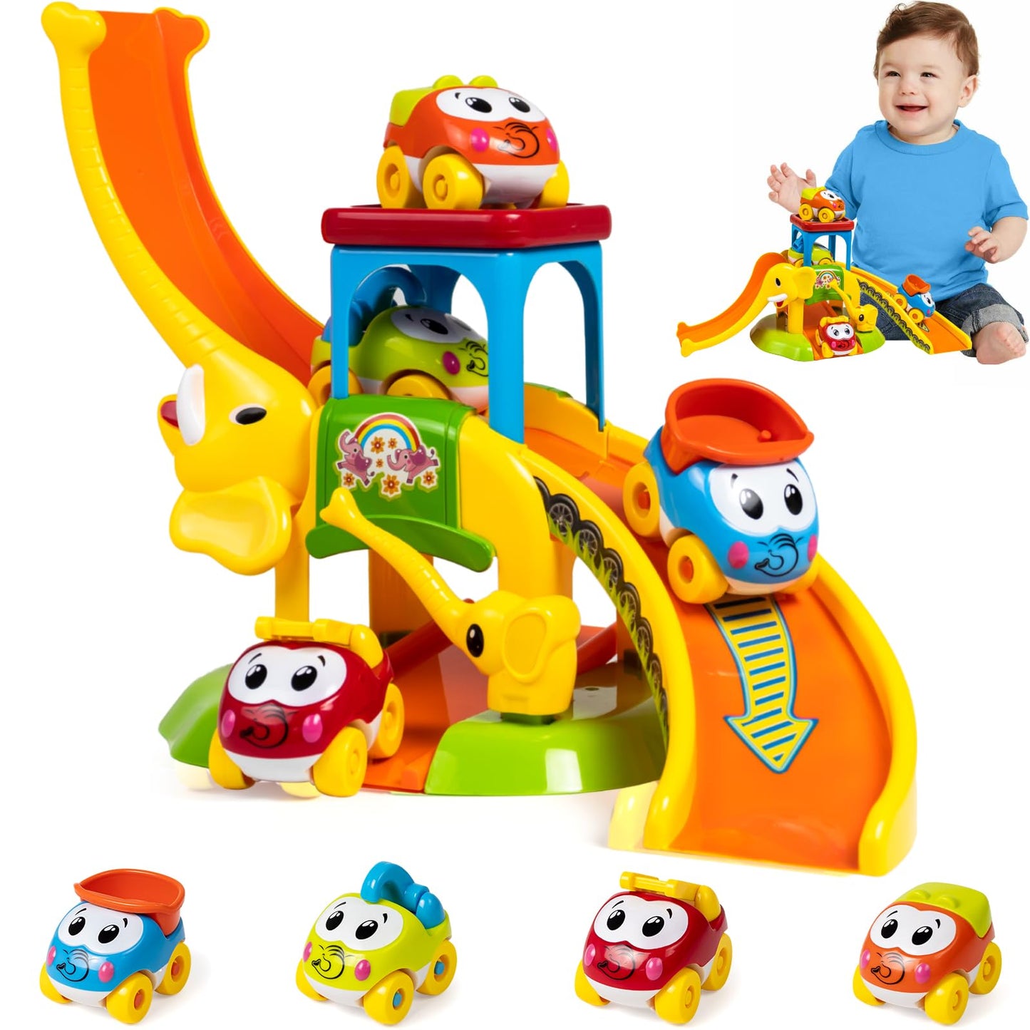 Marstone Toddler Toys for 1 2 Year Old Boys and Girls Gifts: Educational Elephant Slide with 4 Animal Cars Toys for Baby 12-18 Months, First Birthday Present Learning Push Truck Track Ages 1-2