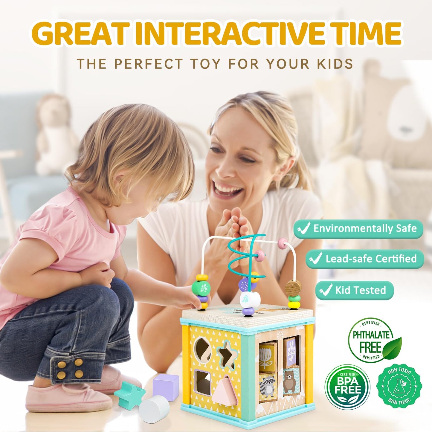 Wooden Activity Cube Montessori Toys for 1 2 3 Year Old Baby Toys 12 Months Toddlers 1-3 Birthday Gift Boys Girls Sensory Interactive Learning Toys