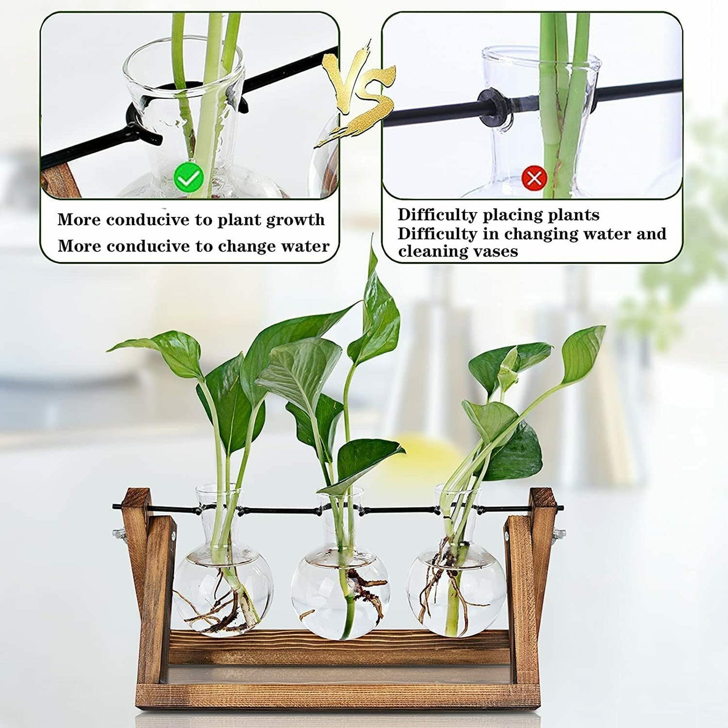 Kingbuy Desktop Glass Planter Iron and Wooden Stand Plant Terrariums for Indoor Office Desk Decor Accessories, 3 Bulb Vases, Brown