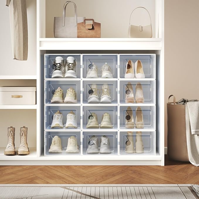 DUMOS Stackable Shoe Storage Boxes, 15-Pack Plastic Shoe Organizers with Lids, Large Shoe Rack & Holder for Closet, Under Bed, Entryway, Sneaker Display and Storage Containers, White