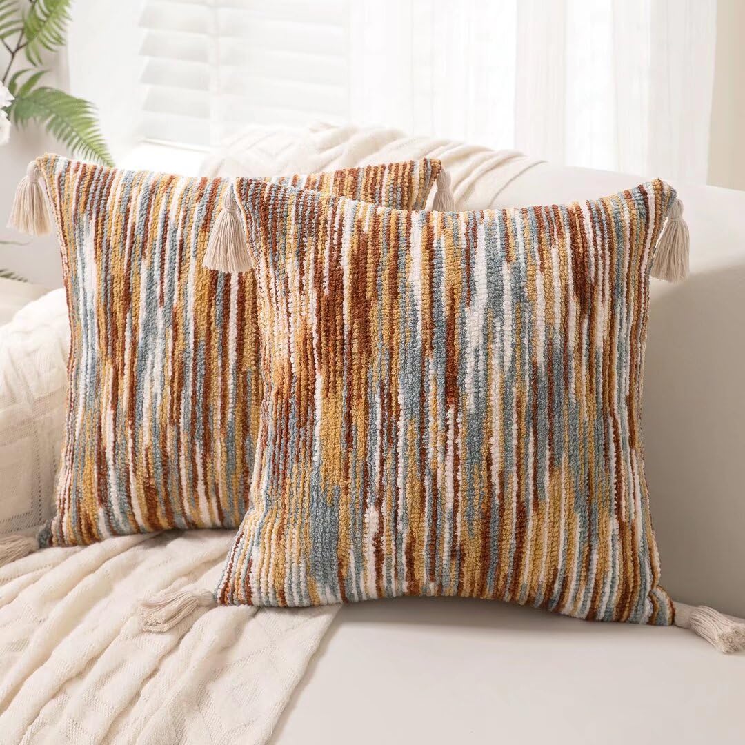 WANLIRD Boho Throw Pillow Covers 18x18 Set of 2 Woven Tufted Farmhouse Pillows Cover with Tassels Textured Striped Cushion Case Neutral Pillow Cases Decorative Pillowcase for Sofa Couch Bed,Rust