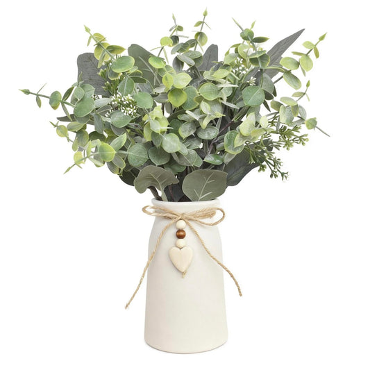 Artificial Silver Dollar Eucalyptus Stems in White Ceramic Vase, 14" Tall Faux Eucalyptus Picks with Twine Bow & Wooden Heart Charm, Full Greenery for Home Decor, Table Centerpiece, Shelf & Office