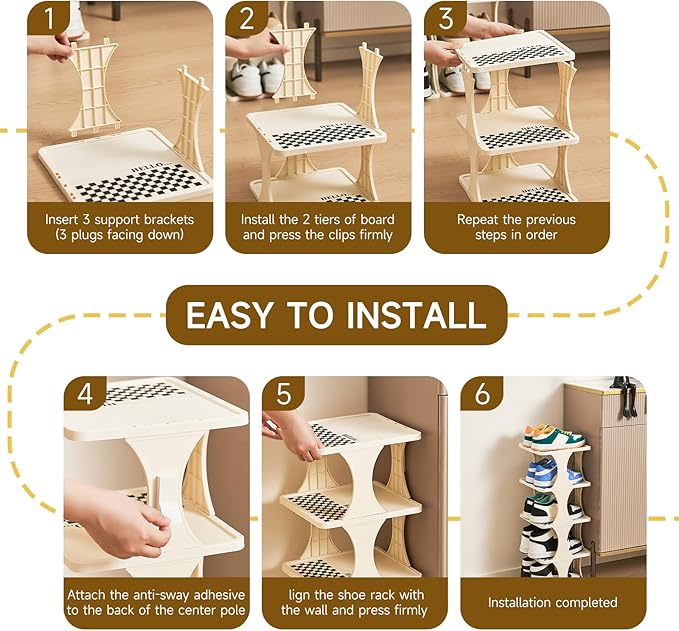 Vertical Shoe Rack 6 Tier Adjustable Shoe Organizer Small Shoe Shelf for Closet, Narrow Entryway, or Bedroom Easy to Assemble and Disassemble Holds Up to 7 Pairs of Shoes (White)