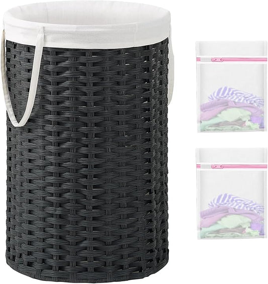 34.3 Gal (130 L) Large Laundry Hamper Laundry Basket Round Handwoven Wicker Laundry Baskets Rattan Laundry Basket with Removable Bag Handles 2 Mesh Bags for Living Room Bedroom Black (No Lid)